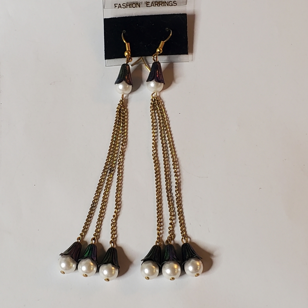 Unique Faux pearl and mixed metal long 5" dangling statement earrings